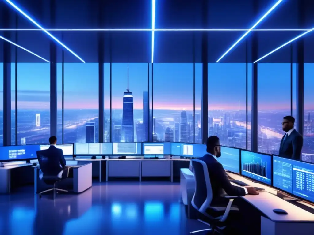 Futuro trading floor con tecnología avanzada Trading algorítmico: Futurista trading floor con traders analizando gráficas y discutiendo, con vista panorámica de la ciudad