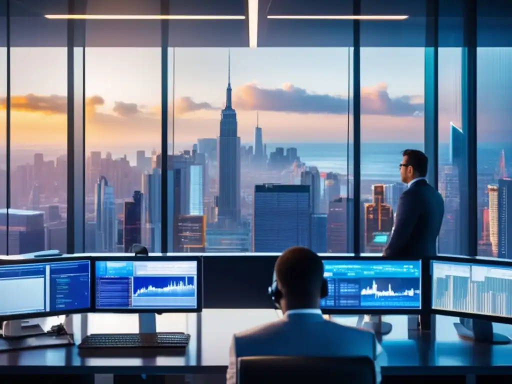 Futuro trading floor con vista a la ciudad y tecnología avanzada Trading algorítmico en inversiones financieras en un piso de operaciones futurista con vista a la ciudad