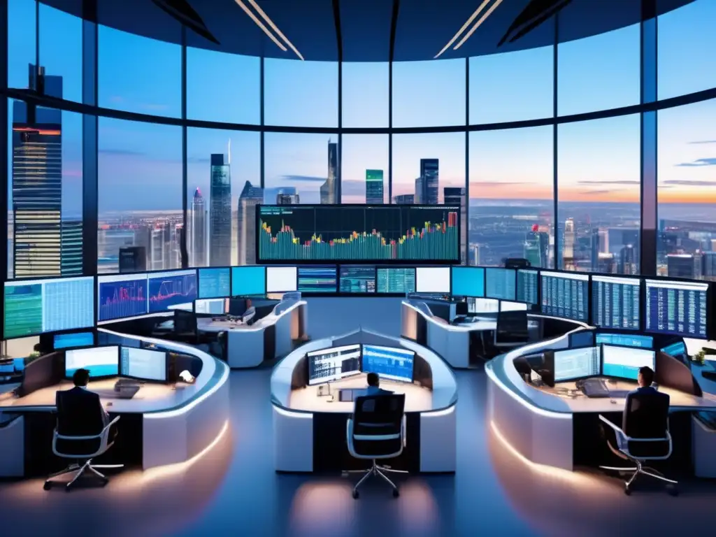 Trading floor ultradetallado con traders y pantallas de datos Trading algorítmico en inversiones financieras: Un piso de operaciones moderno con oficinas de cristal y vista a una ciudad vibrante