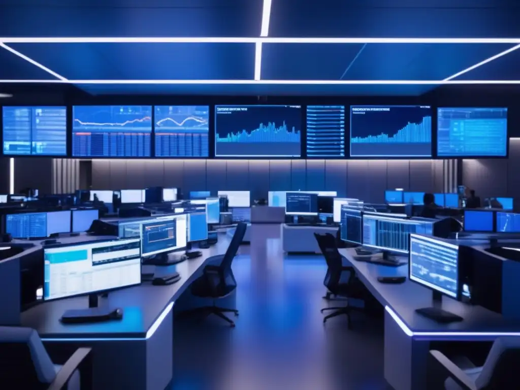 Trading floor moderno y tecnológico Trading algorítmico en inversiones financieras, moderna sala de trading con diseño minimalista, pantallas hightech muestran gráficos complejos y algoritmos