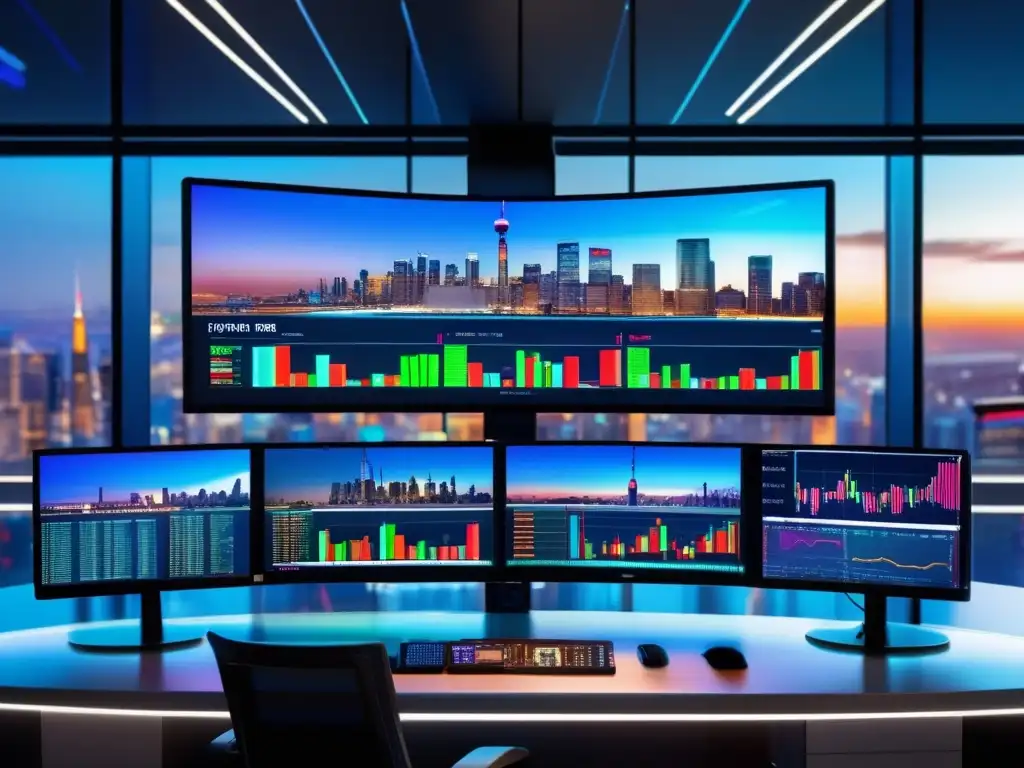 Moderna y eficiente estación de trading con vista panorámica de la ciudad Trading algorítmico para inversiones 24/7 en una moderna y elegante estación de trabajo con vista panorámica de una ciudad bulliciosa