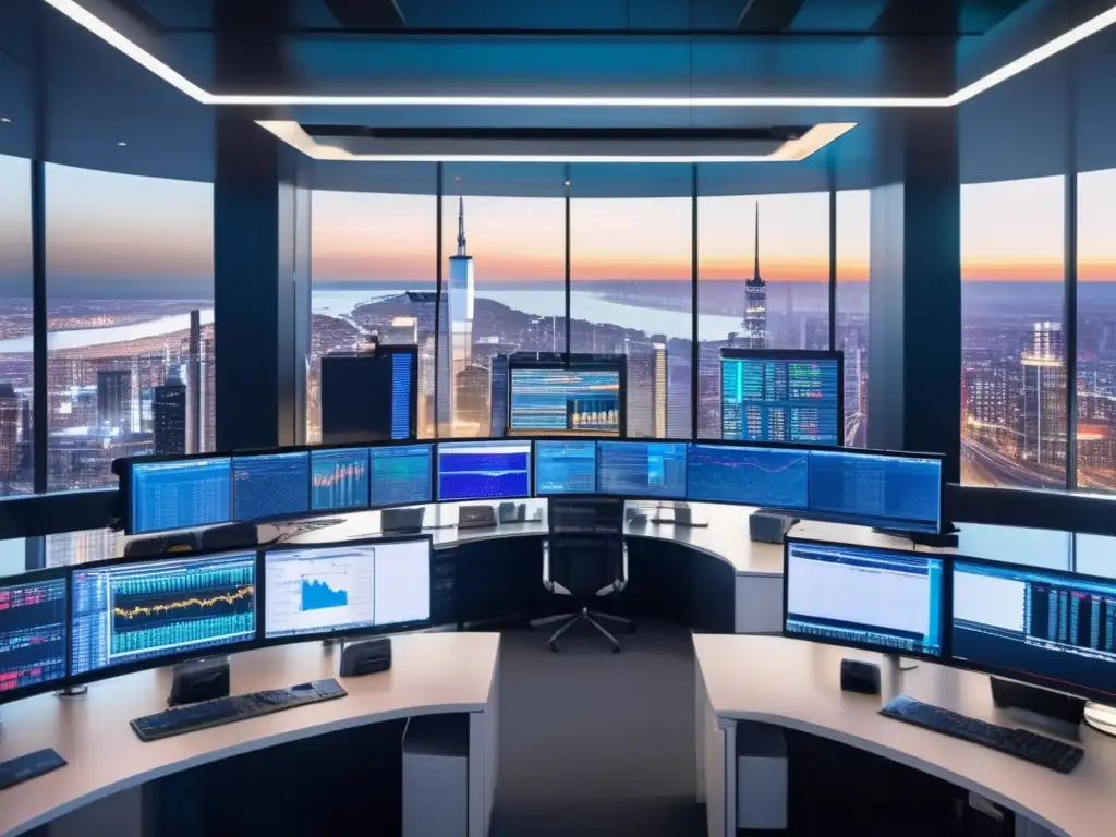 Traders monitorizan pantallas y discuten en moderno piso de trading Trading algorítmico en un moderno piso de operaciones, con vistas panorámicas y traders monitoreando datos en tiempo real