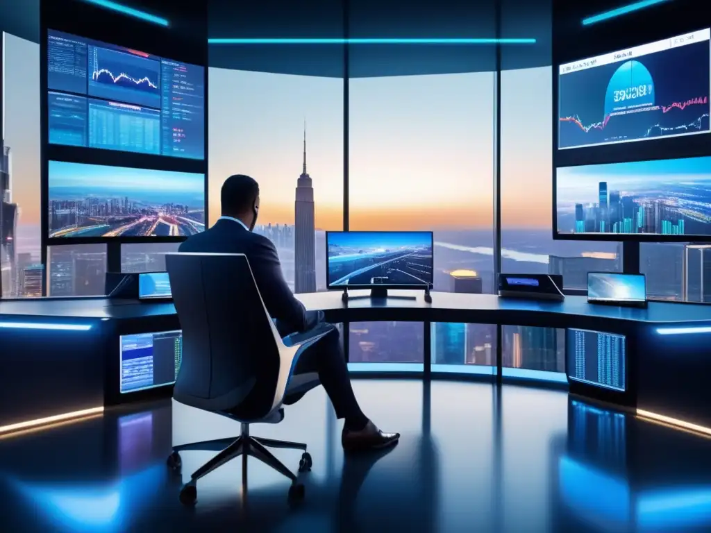 Trading floor futurista con tecnología avanzada y vista panorámica Trading algorítmico para objetivos financieros - Trading floor futurista y eficiente con tecnología avanzada y operadores enfocados y comprometidos