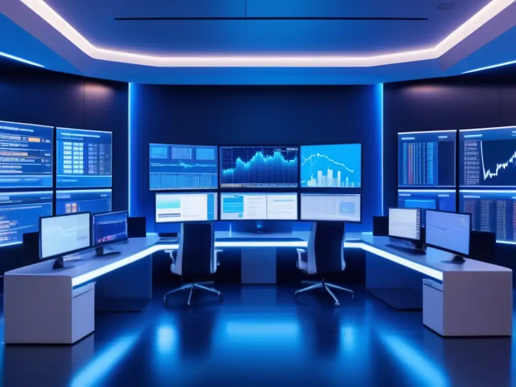 Futuro trading room con tecnología avanzada Trading algorítmico para objetivos financieros en una sala futurista de operaciones con pantallas y tecnología avanzada
