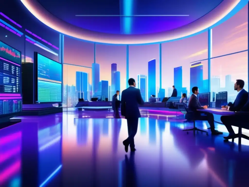 Traders en piso bursátil moderno con tecnología avanzada Trading algorítmico para objetivos financieros en una moderna sala de operaciones con pantallas de alta tecnología y traders discutiendo activamente