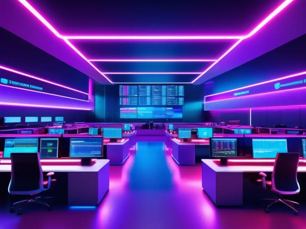 Trading moderno y futurista IA en trading algorítmico en un piso de operaciones futurista y dinámico con tecnología de vanguardia