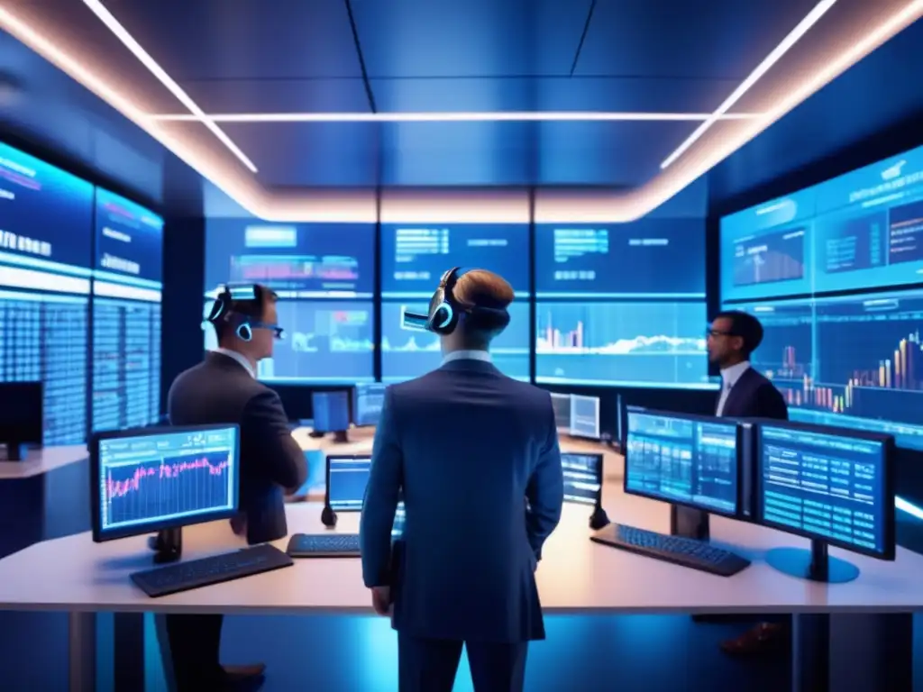 Trading de alta tecnología con pantallas transparentes y datos financieros en tiempo real Trading algorítmico en plataformas financieras con alta tecnología y precisión