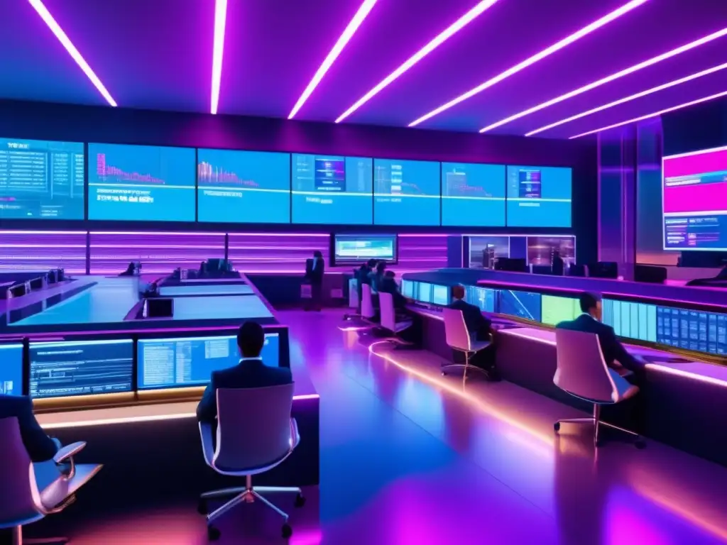 Trading floor futurista con tecnología de vanguardia Trading algorítmico en plataformas financieras en una sala de operaciones futurista y sofisticada