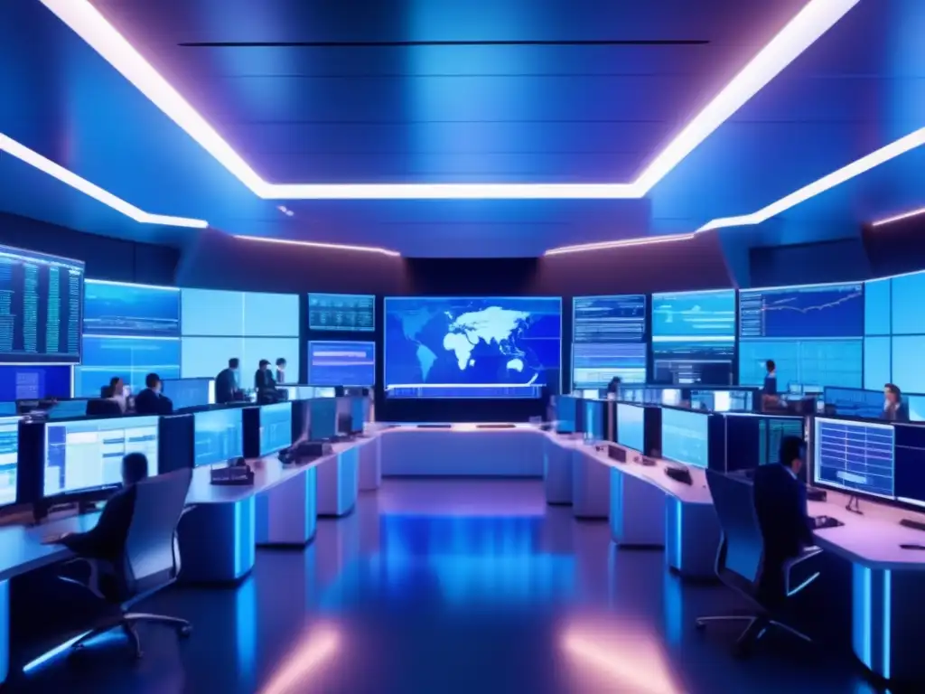 Traders en piso futurista con tecnología avanzada Trading algorítmico y regulaciones financieras en una moderna y dinámica sala de operaciones con traders concentrados