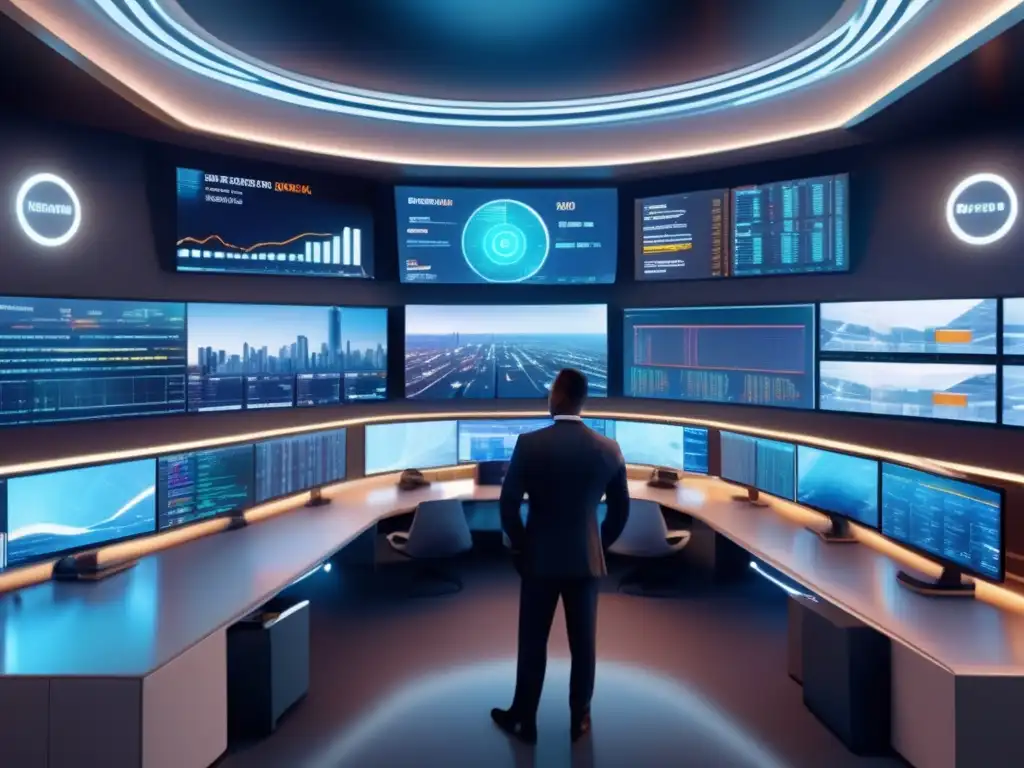 Futuro trading floor con diseño moderno y avanzado Trading algorítmico y regulaciones financieras en una sala de operaciones futurista con tecnología avanzada y traders atentos