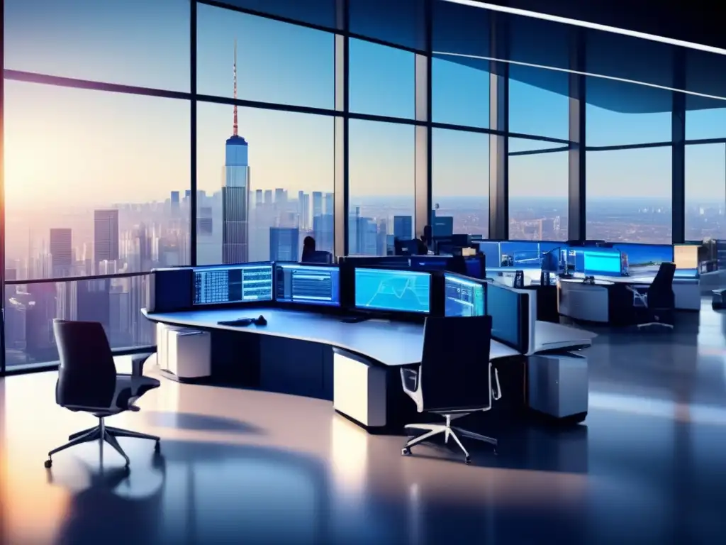 Trading floor moderno y sofisticado Trading algorítmico y regulaciones financieras en un moderno trading floor sofisticado y futurista, con panorámicas vistas a una ciudad bulliciosa