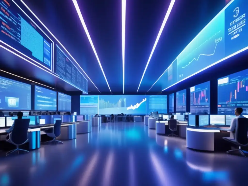 Traders en piso futurista Trading algorítmico y regulaciones financieras en un futurista y tecnológico trading floor