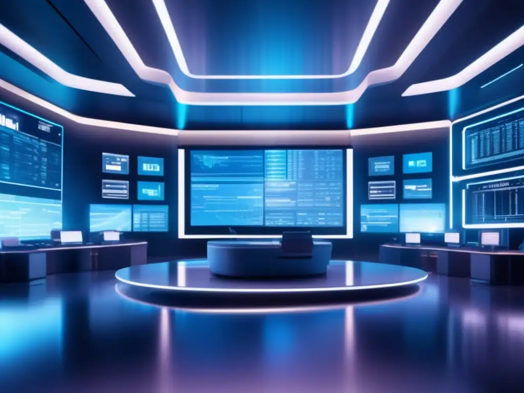 Trading room futurista con tecnología avanzada Trading algorítmico: sala futurista con ciberseguridad y tecnología avanzada -