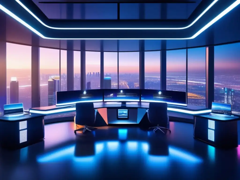 Trading algorítmico en una sala futurista Trading algorítmico en una sala de operaciones moderna con vista nocturna a la ciudad