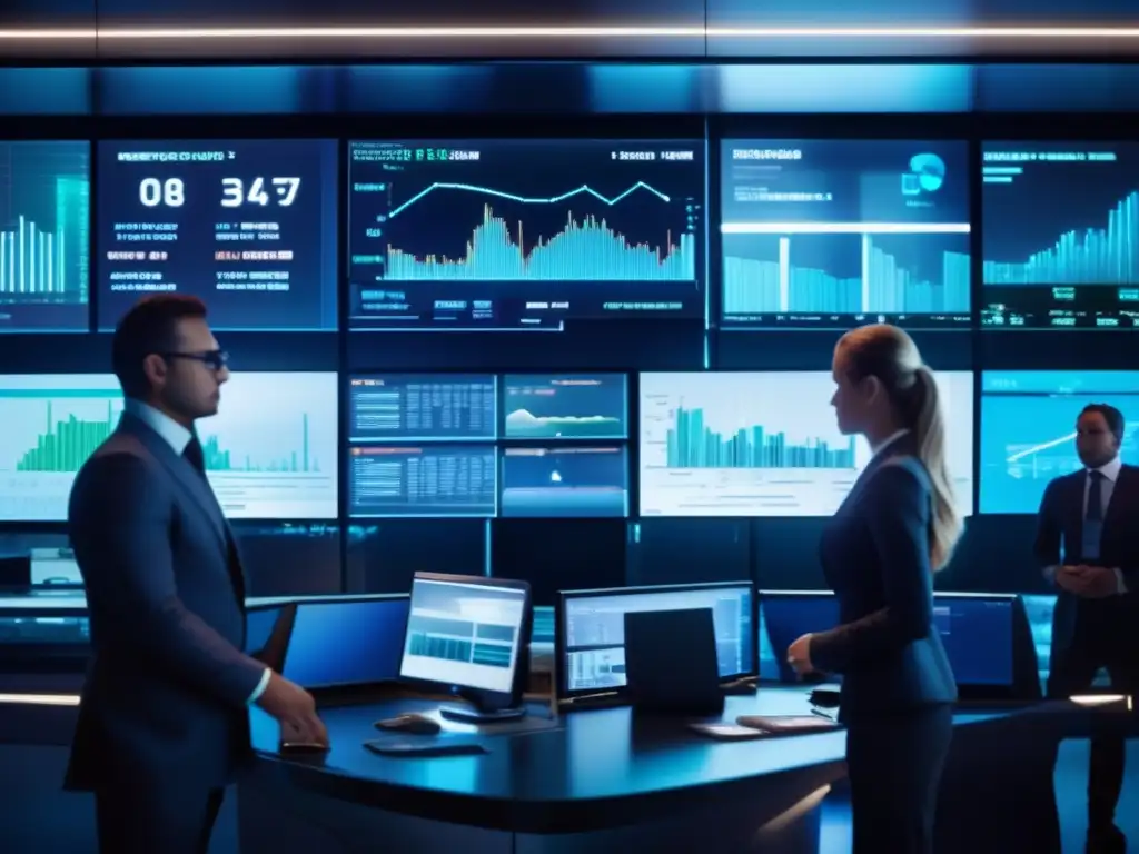 Traders analizando datos en una sala de trading futurista Trading algorítmico: ventajas en plataformas financieras