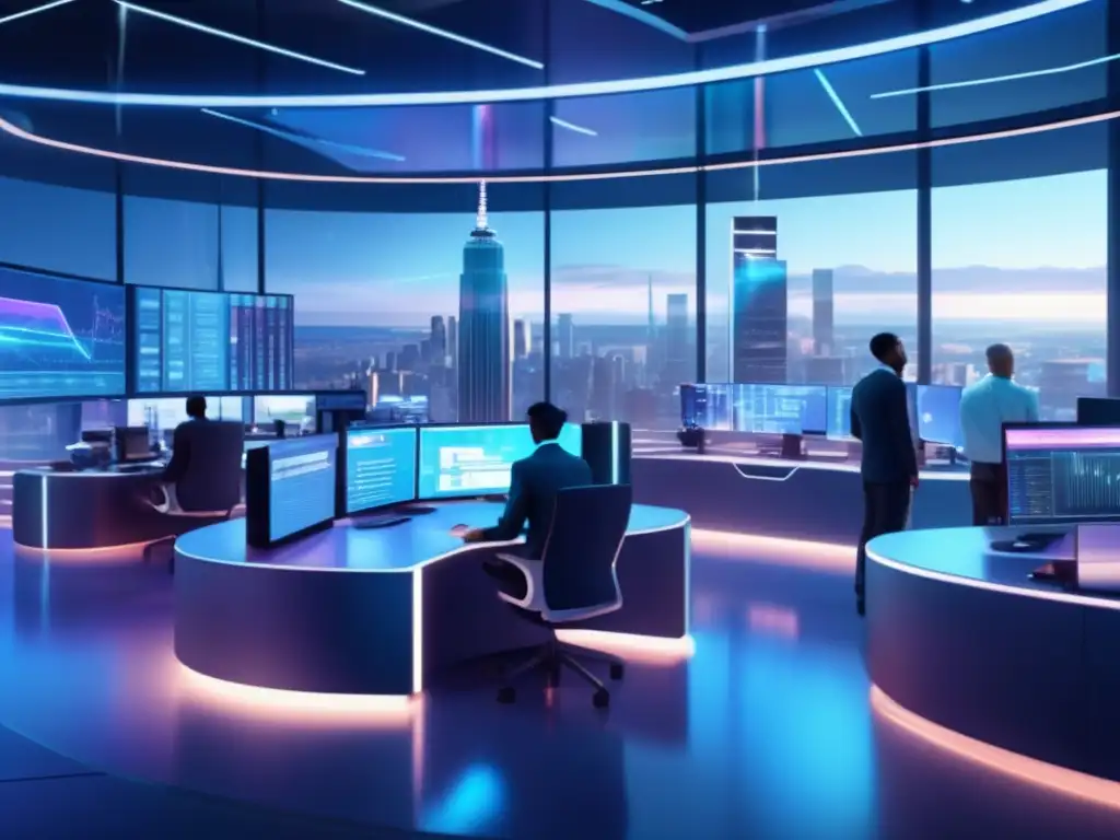 Futuro trading room con traders analizando patrones harmonicos Trading armónico: Patrones reveladores mercado en una sala de operaciones futurista, con traders analizando gráficos holográficos