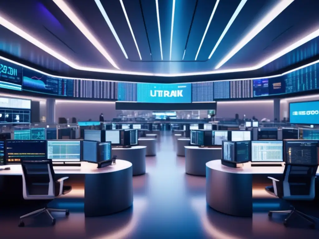 Futuro piso de comercio: innovación y profesionalismo Trading automático adaptativo noticias mercado: Futurista sala de operaciones con diseño moderno, traders, IA y datos en tiempo real