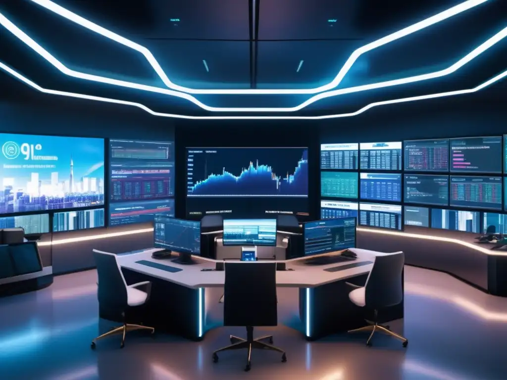 Futuro trading room con tecnología avanzada y IA Trading automático adaptativo noticias mercado en sala futurista con IA y profesionales monitoreando pantallas y tendencias