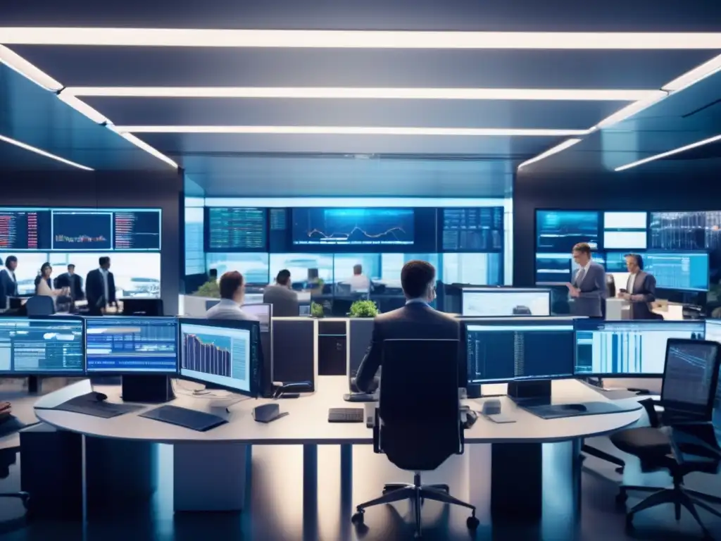 Traders en piso futurista con bots avanzados Trading automático adaptativo noticias mercado, futurista trading floor con oficinas de vidrio y pantallas de computadoras