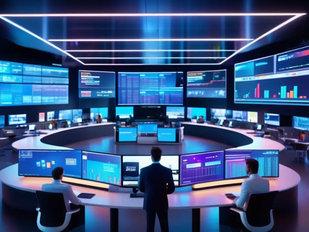 Trading futurista con tecnología de vanguardia Trading automático adaptativo, noticias y mercado en una imagen de trading futurista