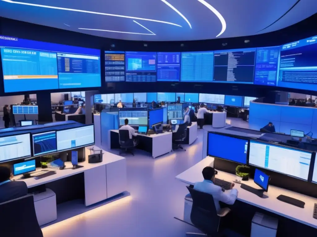 Traders ocupados en una sala de operaciones moderna Trading automático adaptativo: sala de trading moderna, traders en acción, tecnología futurista, noticias de mercado en tiempo real