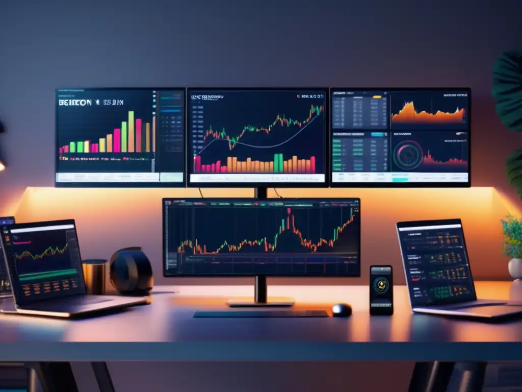 Estación de trading de criptomonedas profesional Estación de trading de criptomonedas con monitores mostrando gráficos en tiempo real y herramientas de trading - Guía de análisis técnico de altcoins