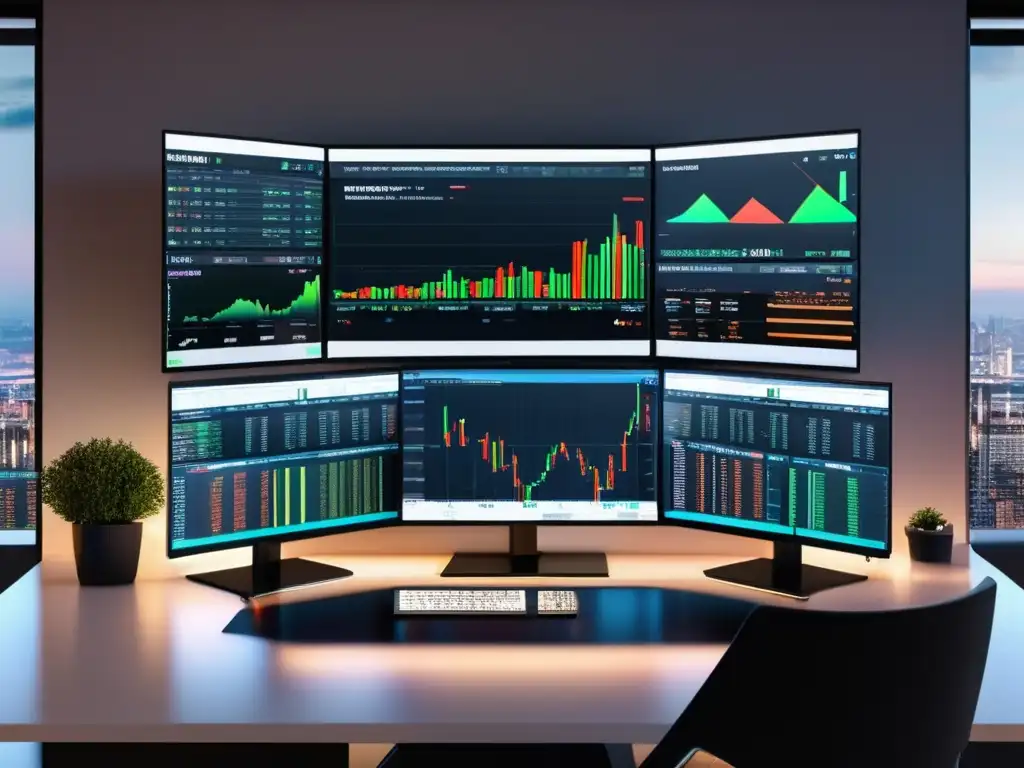 Trading desk moderno y sofisticado Trading desk con herramientas análisis técnico mercado