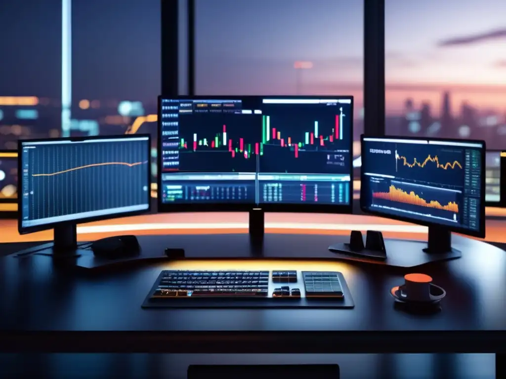Trading desk profesional con RSI Trading desk moderno y elegante con pantallas mostrando gráficos y datos en tiempo real del RSI