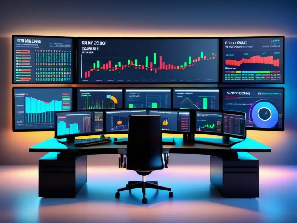 Escritorio de trading moderno con pantallas mostrando datos financieros en tiempo real Trading desk moderno y elegante con datos financieros en tiempo real y gráficos