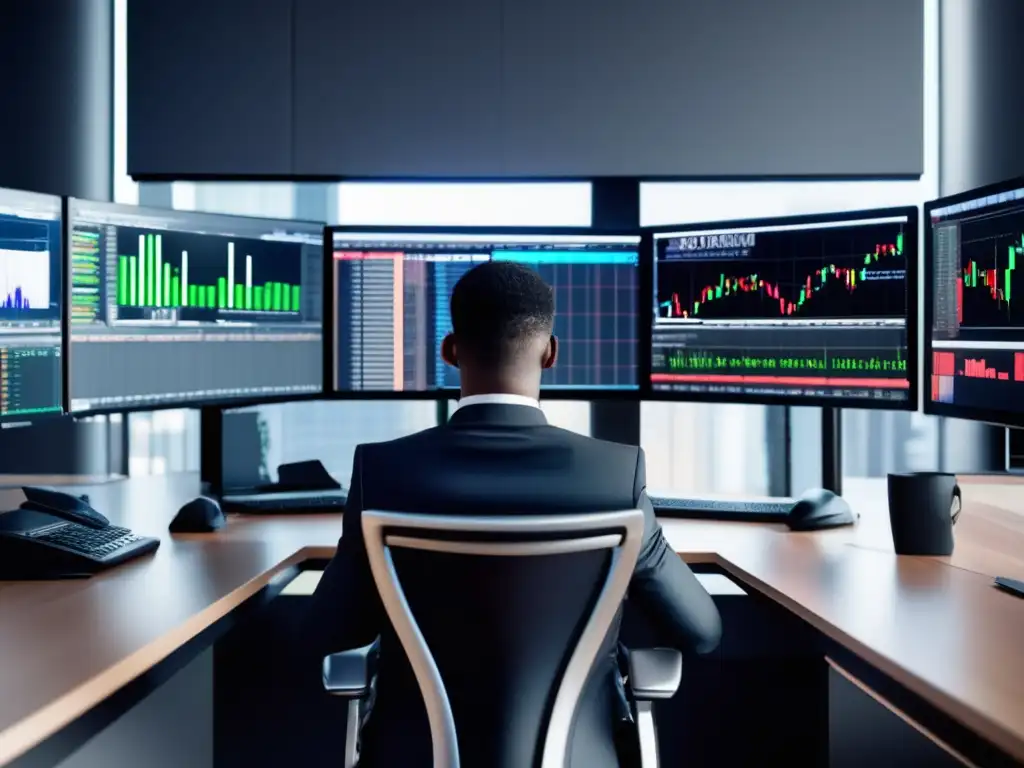 Trader profesional en moderno escritorio de trading Trading desk moderno con hardware elegante en negro y plata