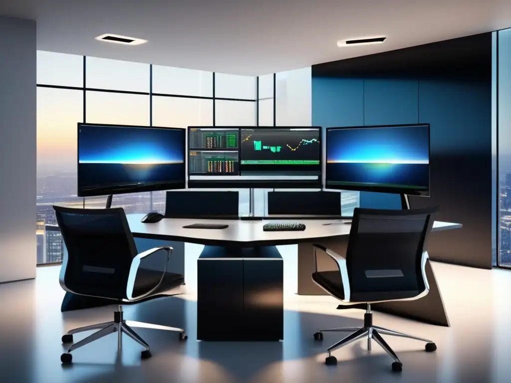 Escritorio de trading moderno con monitores duales Trading desk moderno con monitores duales, gráficos en tiempo real