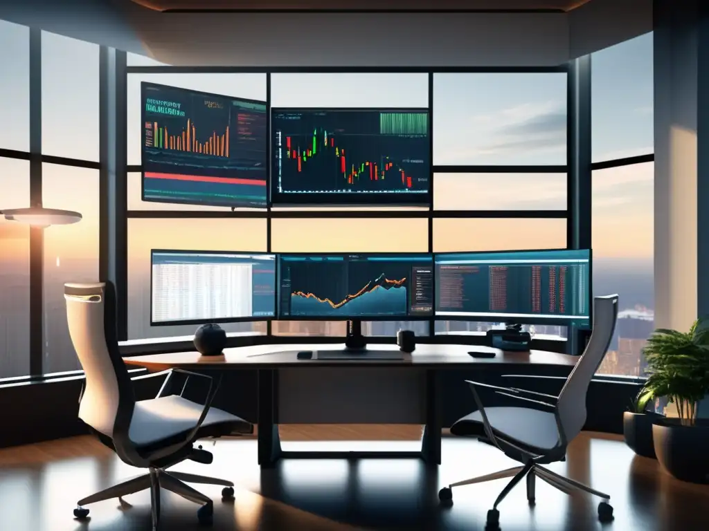 Trading desk moderno y profesional Trading desk moderno con monitores que muestran datos del mercado