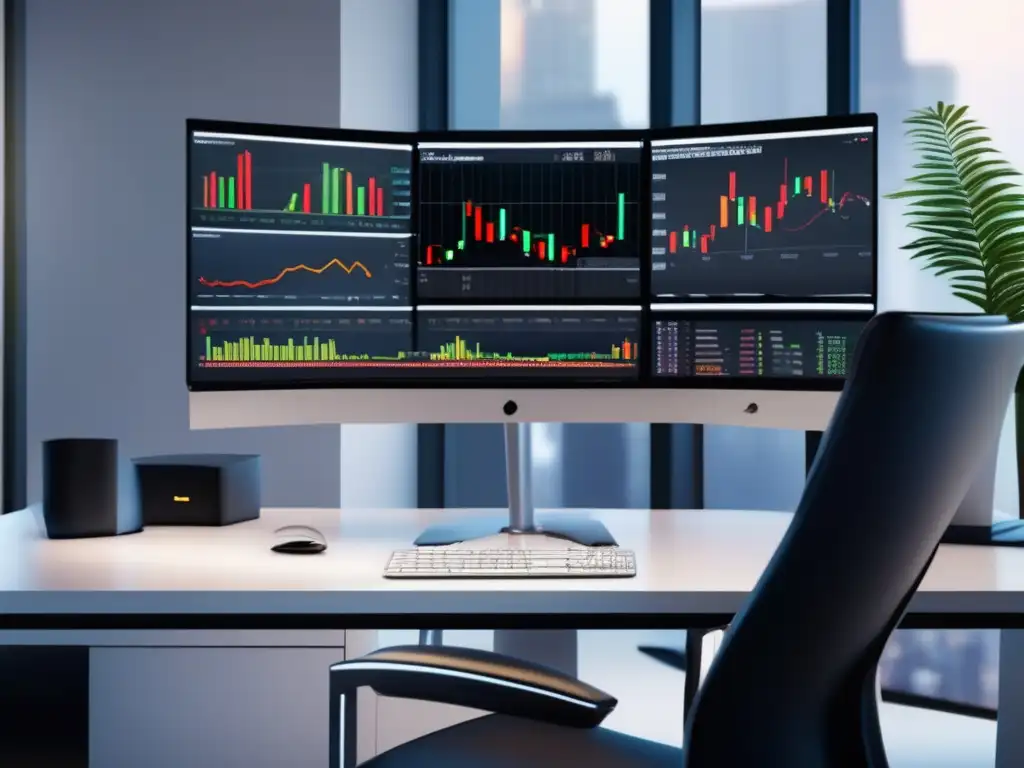 Escritorio de trading moderno Trading desk 8k con monitor de stock en tiempo real y gráficos financieros, estrategias emocionales para trading estable