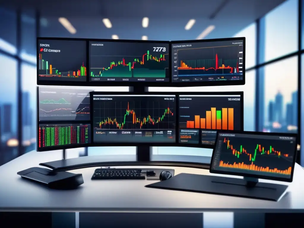 Escritorio de trading con múltiples monitores Trading desk con múltiples monitores mostrando gráficos e indicadores de bolsa, con interpretación de divergencia indicadores bolsa
