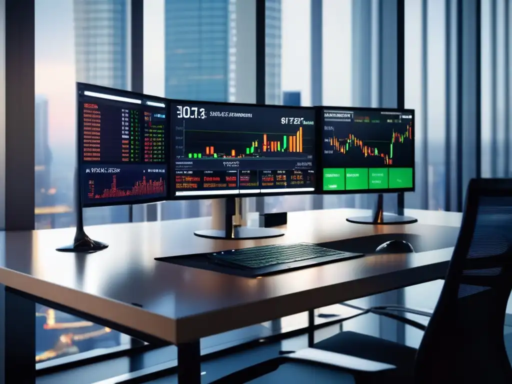 Trading desk con pantallas mostrando gráficos y datos financieros Trading desk con pantallas de divisas en tiempo real, análisis técnico y guía completa de inversiones en monedas fuertes
