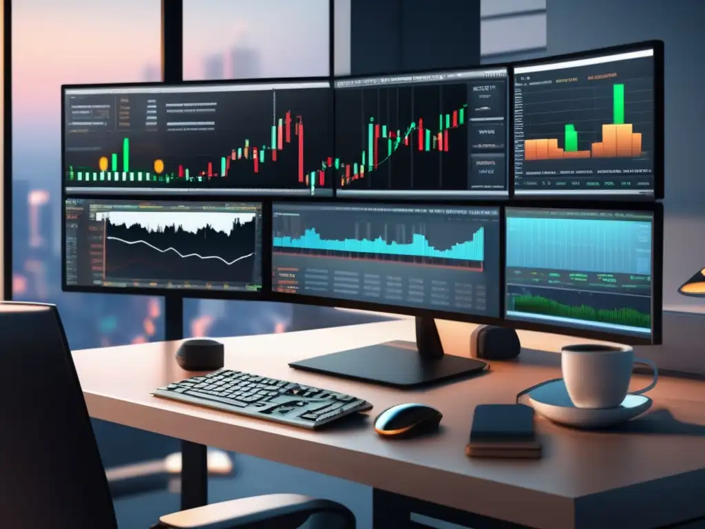Escritorio de trading moderno con vista panorámica de la ciudad Trading desk con profesional analizando datos y potenciales divergencias en mercado
