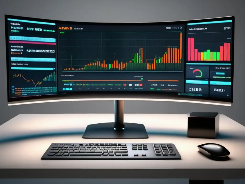 Escritorio de trading profesional moderno Trading desk profesional con monitor curvo, equipo de alta gama y análisis financiero