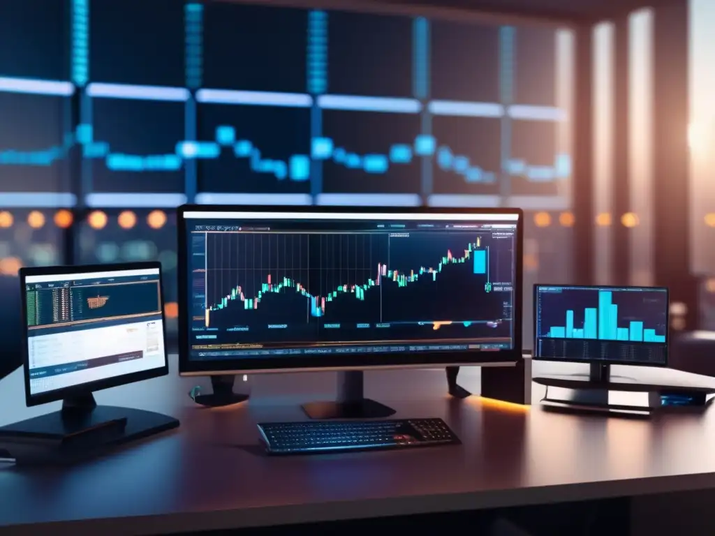 Escritorio de trading con tecnología avanzada Trading desk con tecnología avanzada, análisis de criptomonedas y límites de ganancias y pérdidas