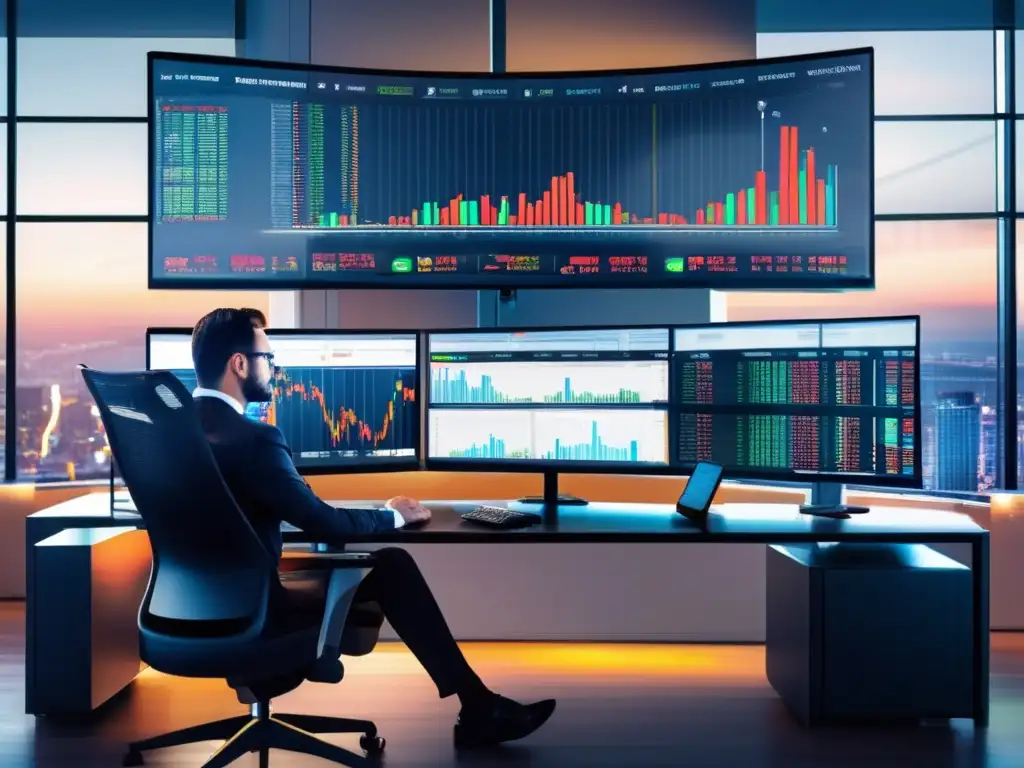 Elegante escritorio de trading con vista panorámica Trading desk con vista panorámica de ciudad, análisis técnico para inversiones