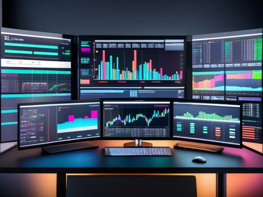 Trading desk con pantalla 8k y gráficos Trading desk 8k: Estrategia puntos pivote trading, precisión y tecnología avanzada en una imagen