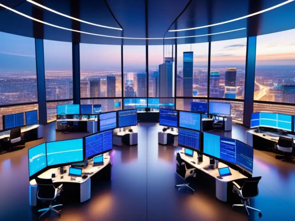 Futuro trading floor con tecnología y humanidad Trading floor con algoritmos de inversión inteligente en ciudad futurista