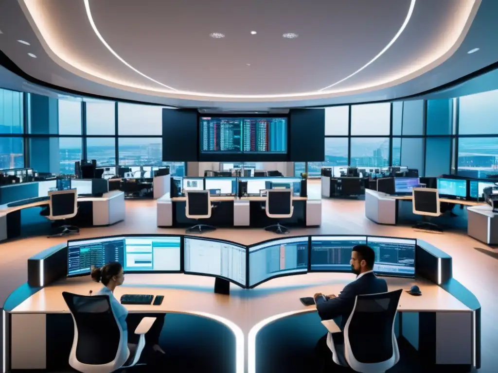 Trading floor moderno y sofisticado Trading floor con diseño futurista y traders en acción