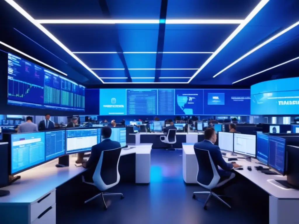 Traders en acción con tecnología avanzada Trading floor con estaciones de trabajo futuristas y traders analizando big data