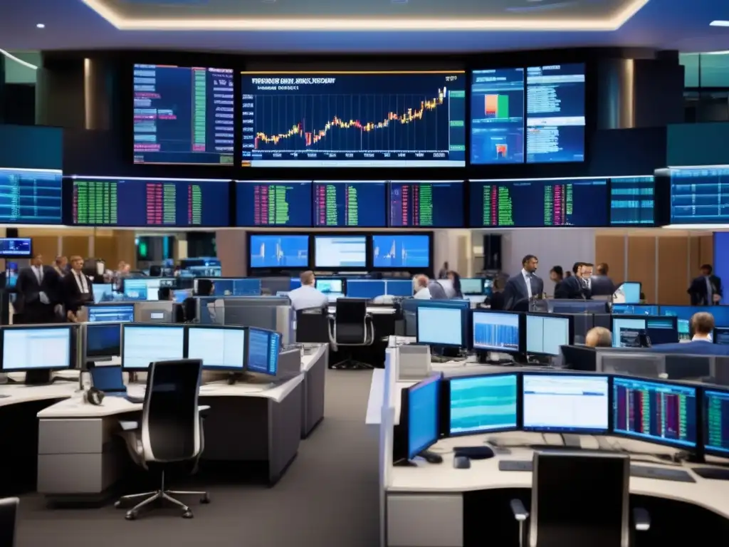 Piso de trading financiero moderno Trading floor financiero con traders, pantallas de datos y discusiones, resaltando cobertura de riesgo con derivados en inversiones