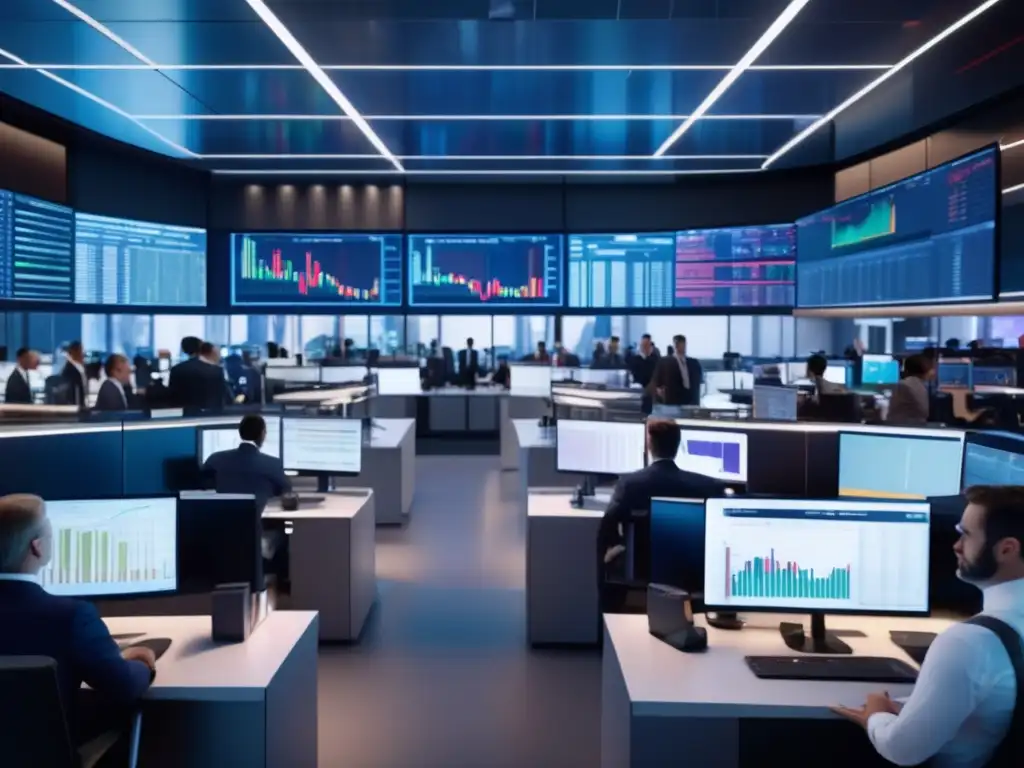 Trading floor en una institución financiera moderna Trading floor financiero con traders en trajes elegantes, pantallas mostrando datos de mercado y ambiente profesional