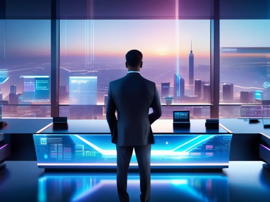Futurista trading floor con tecnología avanzada Trading floor futurista, tecnología holográfica y análisis fundamental para inversiones financieras