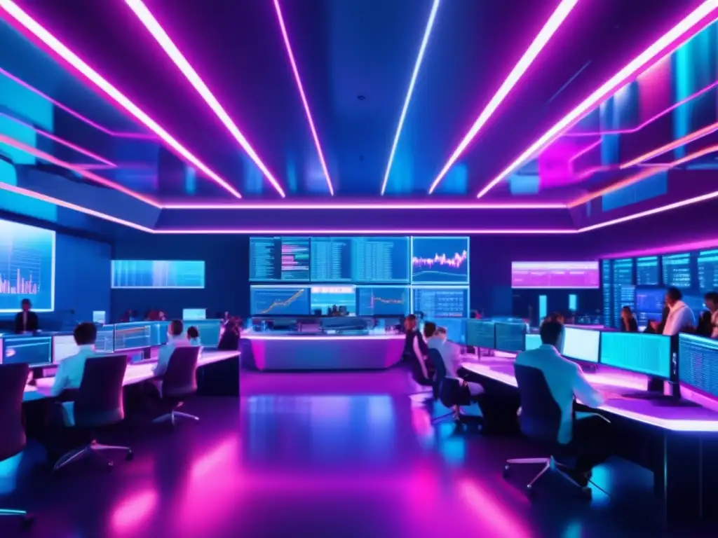 Trading floor futurista iluminado por luces de neón vibrantes Trading floor futurista con bots inversión y tecnología avanzada