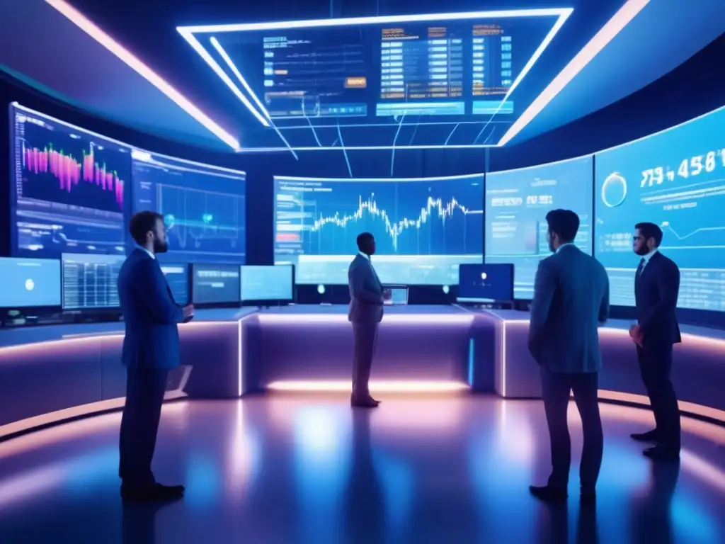 Trading futurista con IA y criptomonedas Trading floor futurista con IA, criptomonedas y gráficos holográficos