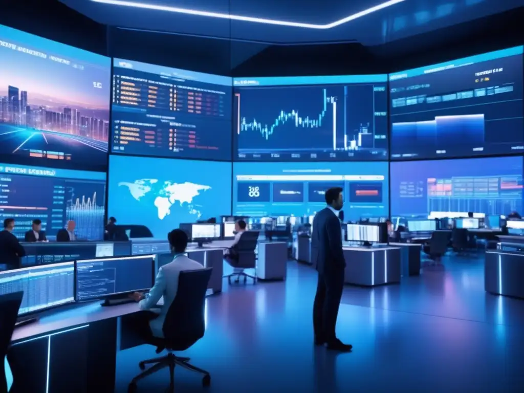 Futuro trading financiero con IA Trading floor futurista con IA: Estrategias de inversión inteligencia artificial