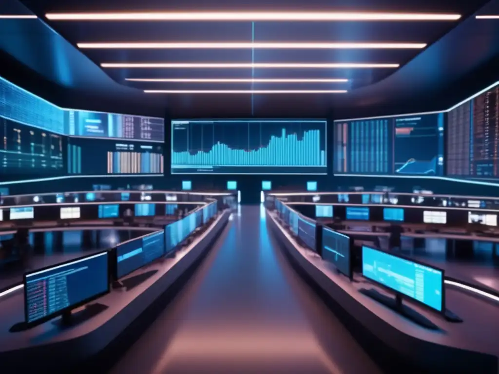 Traders en trading floor moderno Trading floor futurista destacando importancia psicología en trading algorítmico
